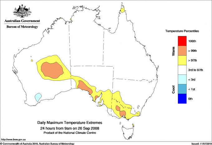 Australian daily maximum temperature extreme area maps