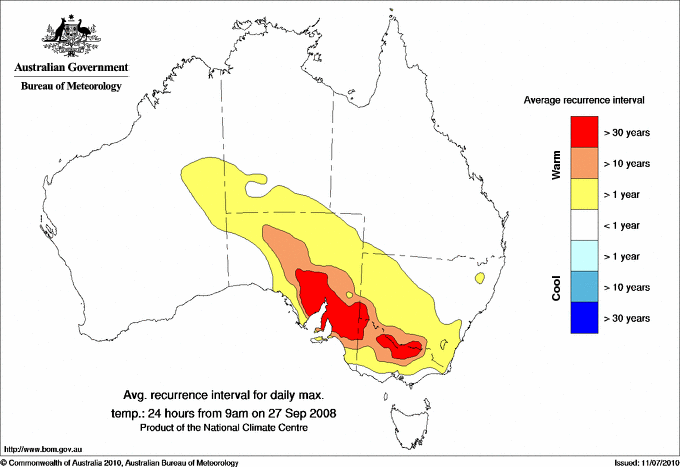 Australian daily maximum temperature average recurrence interval maps