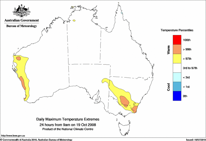 Australian daily maximum temperature extreme area maps