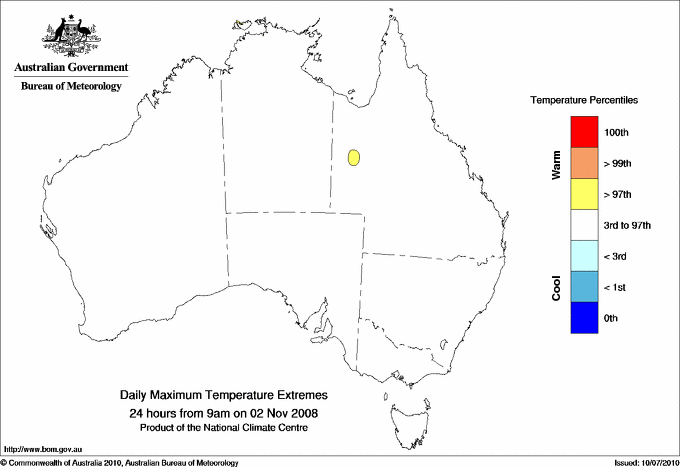 Australian daily maximum temperature extreme area maps