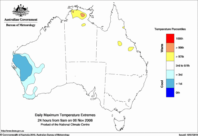 Australian daily maximum temperature extreme area maps