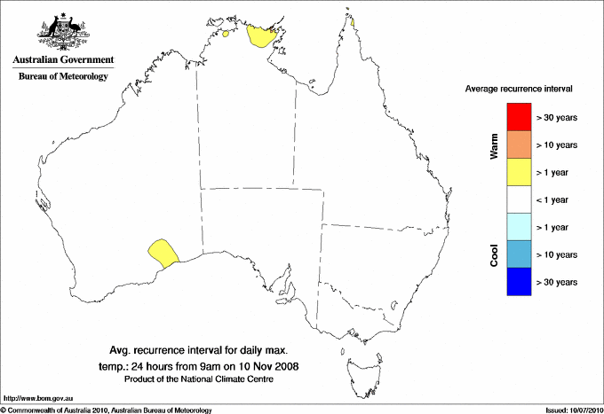 Australian daily maximum temperature average recurrence interval maps