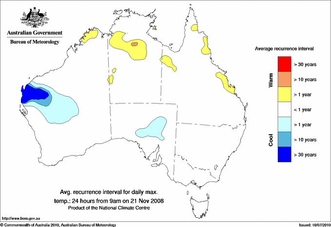 Australian daily maximum temperature average recurrence interval maps