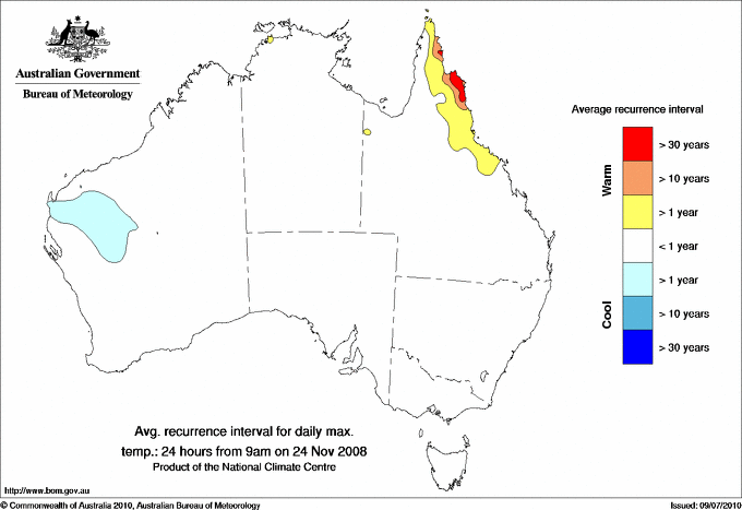 Australian daily maximum temperature average recurrence interval maps