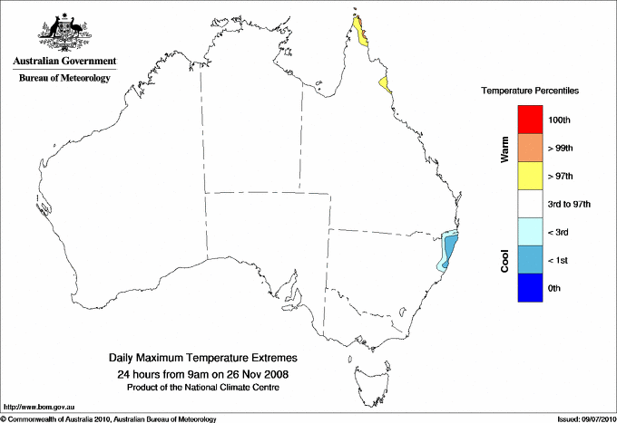 Australian daily maximum temperature extreme area maps
