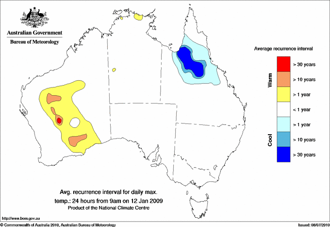 Australian daily maximum temperature average recurrence interval maps