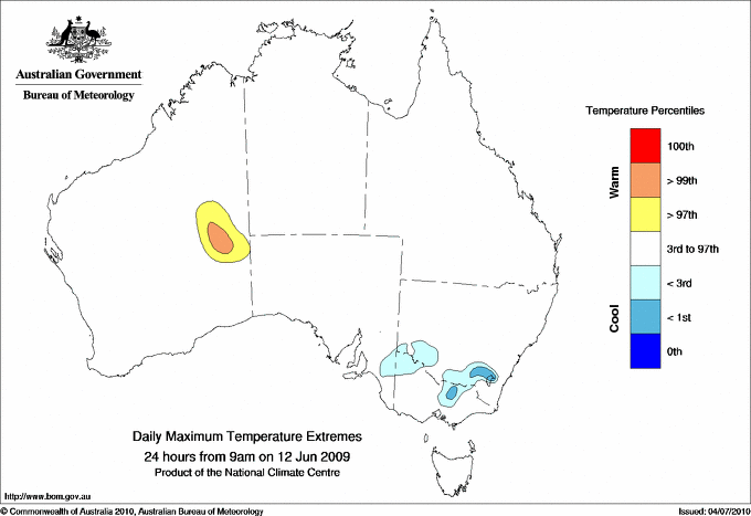 Australian daily maximum temperature extreme area maps