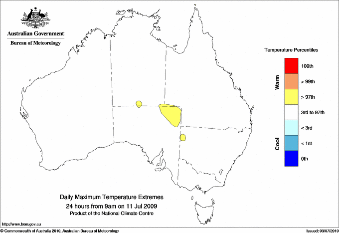 Australian daily maximum temperature extreme area maps