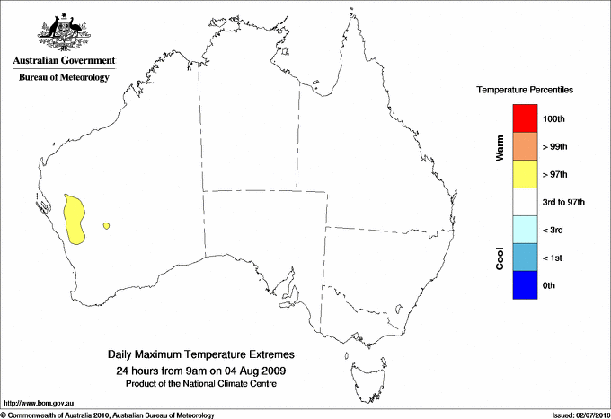 Australian daily maximum temperature extreme area maps