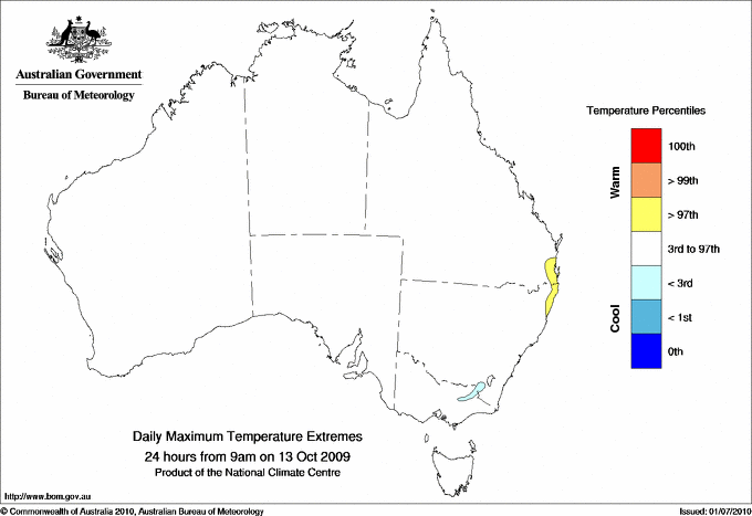 Australian daily maximum temperature extreme area maps
