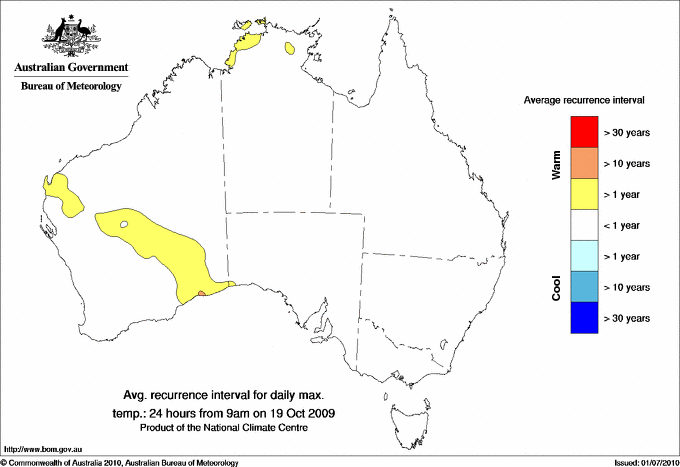 Australian daily maximum temperature average recurrence interval maps