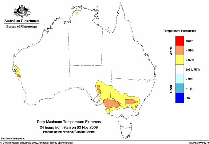 Australian daily maximum temperature extreme area maps