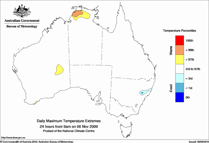 Australian daily maximum temperature extreme area maps