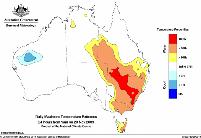 Australian daily maximum temperature extreme area maps
