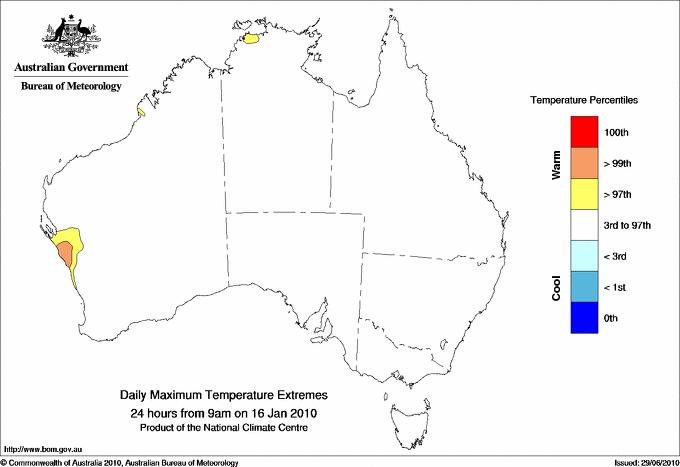 Australian daily maximum temperature extreme area maps