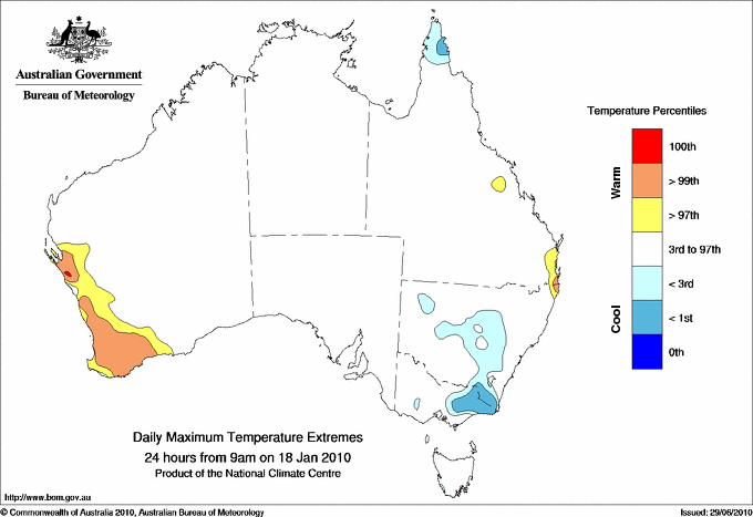 Australian daily maximum temperature extreme area maps