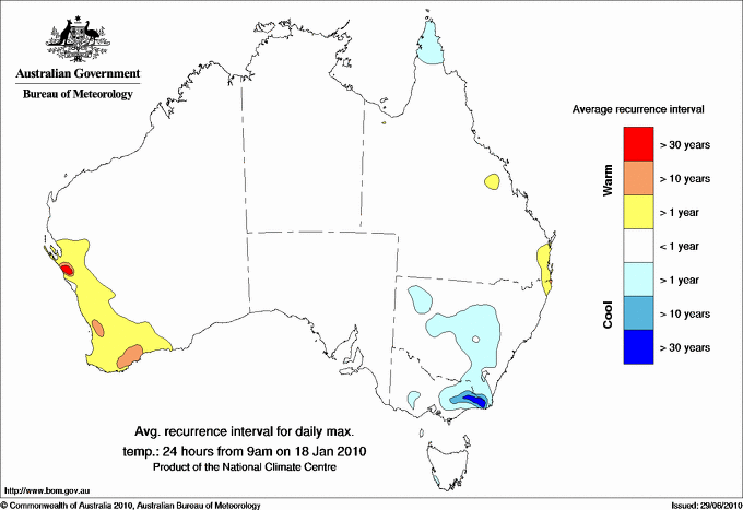 Australian daily maximum temperature average recurrence interval maps