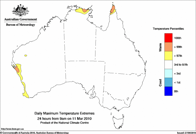 Australian daily maximum temperature extreme area maps