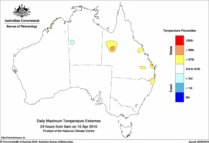 Australian daily maximum temperature extreme area maps