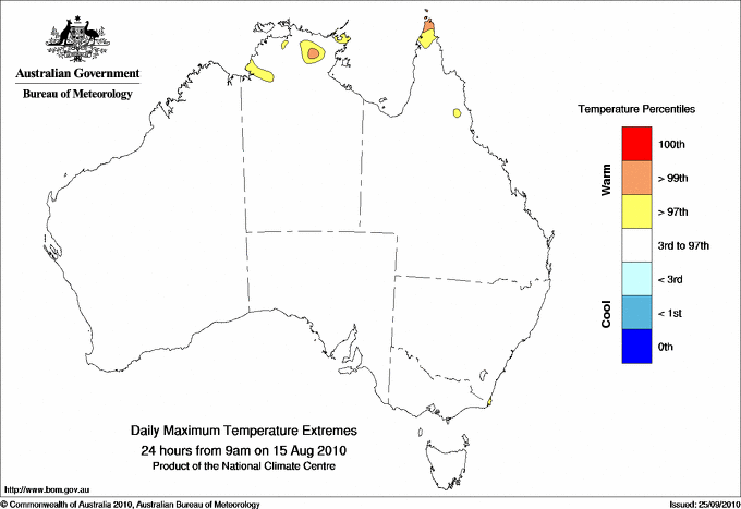 Australian daily maximum temperature extreme area maps