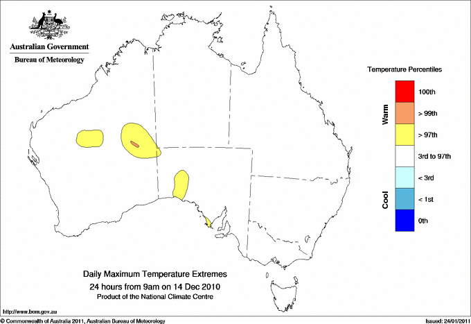 Australian daily maximum temperature extreme area maps