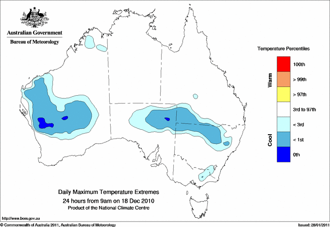 Australian daily maximum temperature extreme area maps