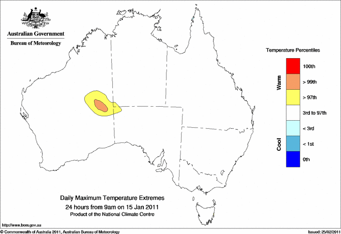 Australian daily maximum temperature extreme area maps