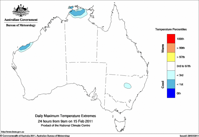 Australian daily maximum temperature extreme area maps