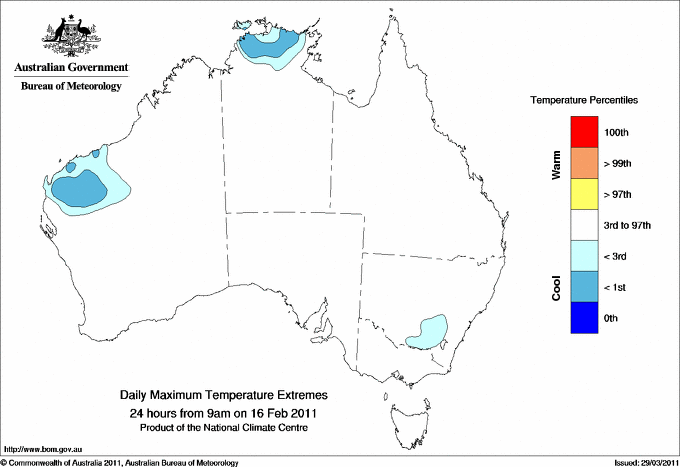 Australian daily maximum temperature extreme area maps