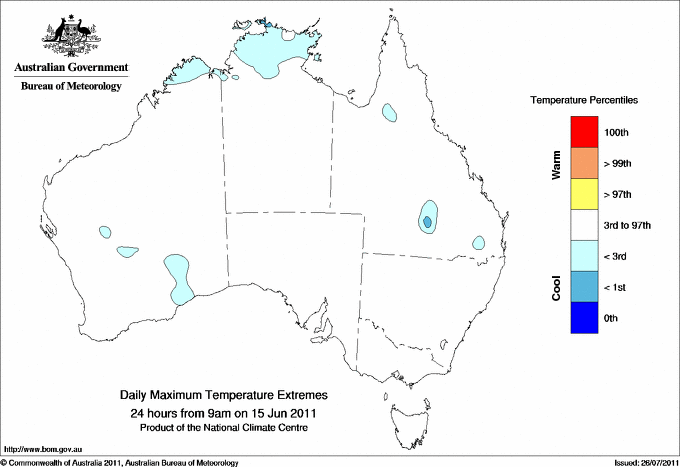 Australian daily maximum temperature extreme area maps