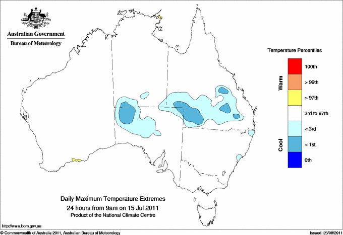Australian daily maximum temperature extreme area maps