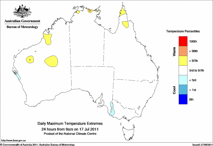 Australian daily maximum temperature extreme area maps