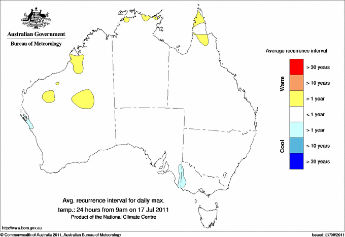 Australian daily maximum temperature average recurrence interval maps