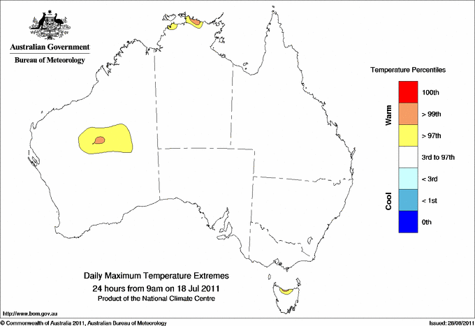 Australian daily maximum temperature extreme area maps