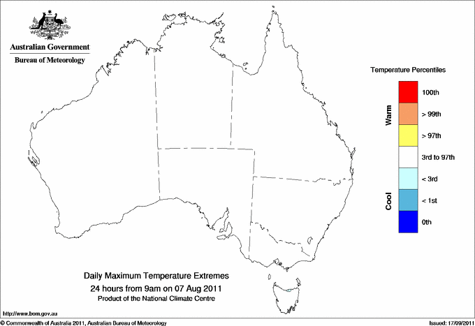 Australian daily maximum temperature extreme area maps