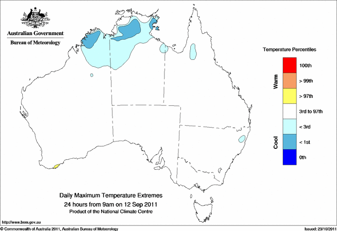 Australian daily maximum temperature extreme area maps