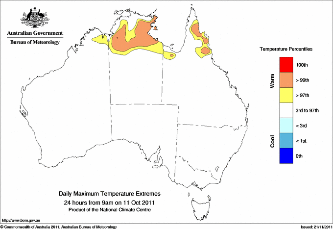 Australian daily maximum temperature extreme area maps