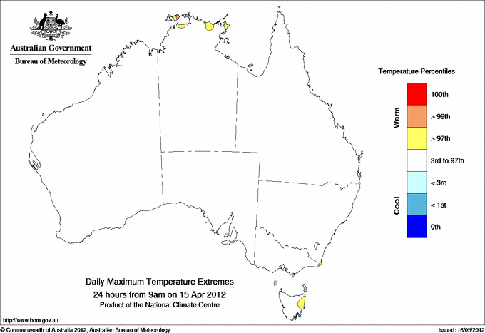Australian daily maximum temperature extreme area maps
