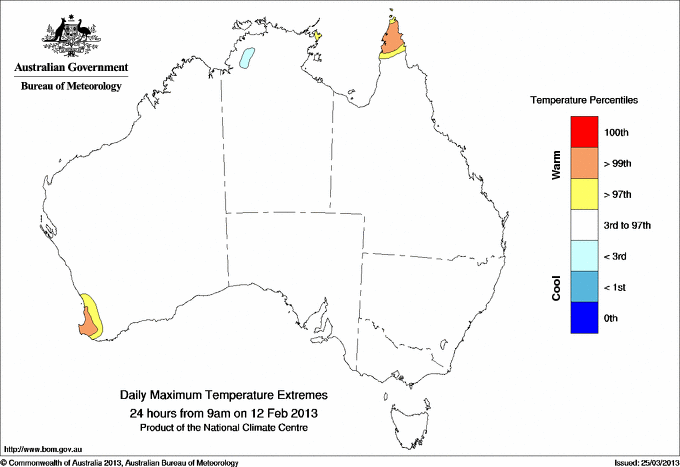 Australian daily maximum temperature extreme area maps