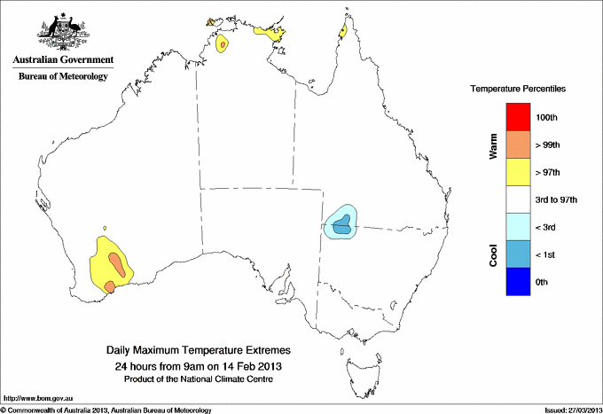 Australian daily maximum temperature extreme area maps