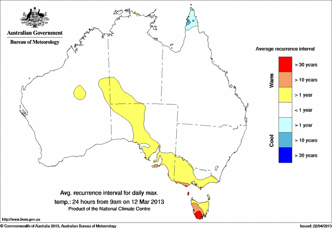 Australian daily maximum temperature average recurrence interval maps