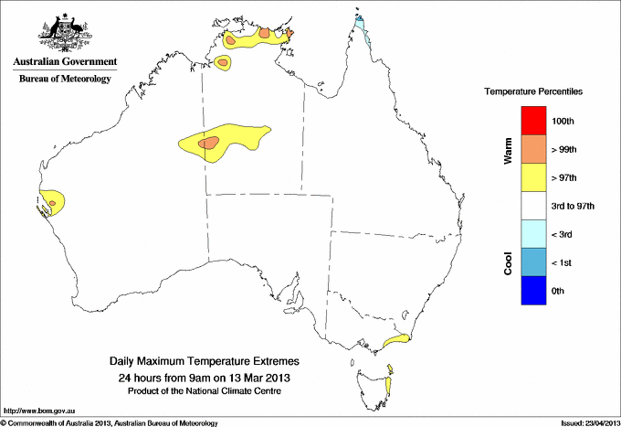 Australian daily maximum temperature extreme area maps