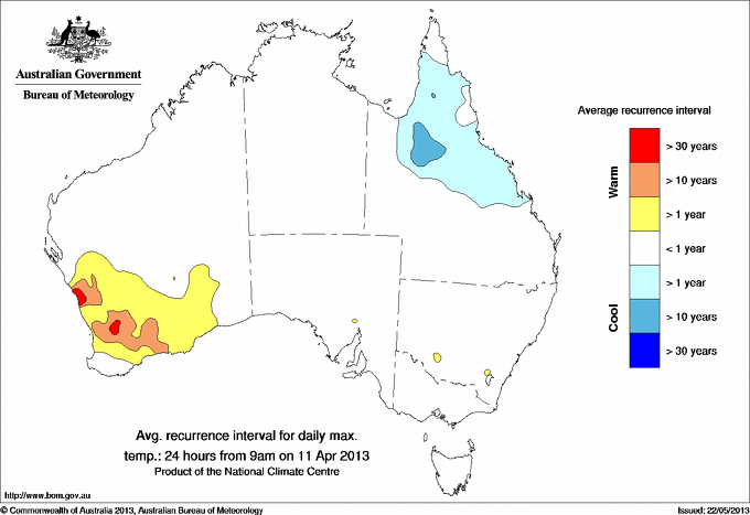 Australian daily maximum temperature average recurrence interval maps