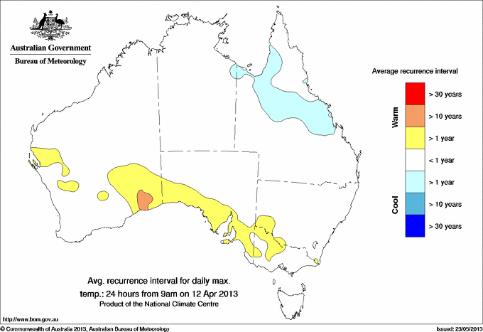 Australian daily maximum temperature average recurrence interval maps