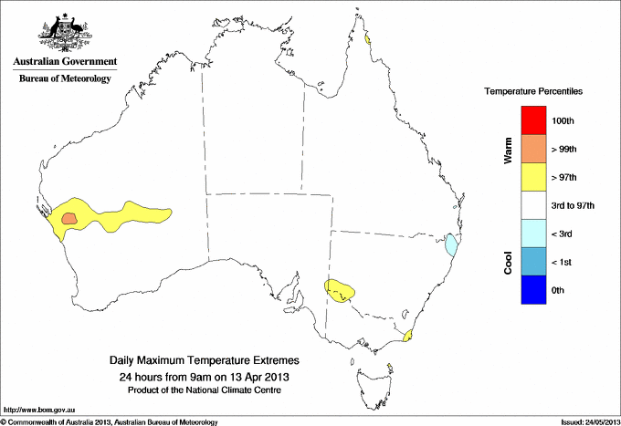 Australian daily maximum temperature extreme area maps