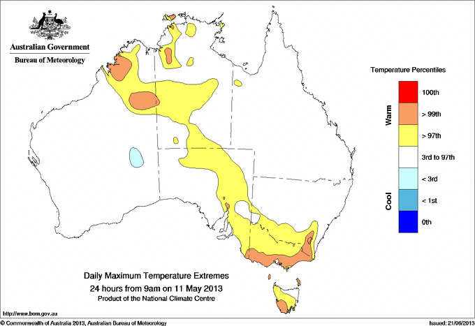 Australian daily maximum temperature extreme area maps