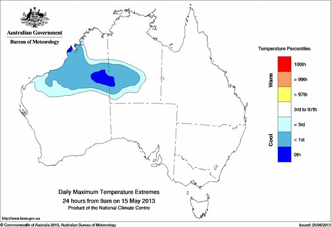 Australian daily maximum temperature extreme area maps