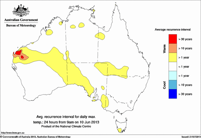 Australian daily maximum temperature average recurrence interval maps