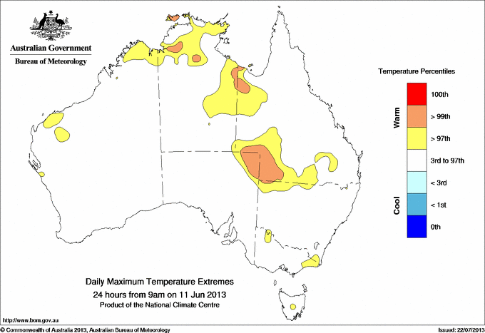 Australian daily maximum temperature extreme area maps
