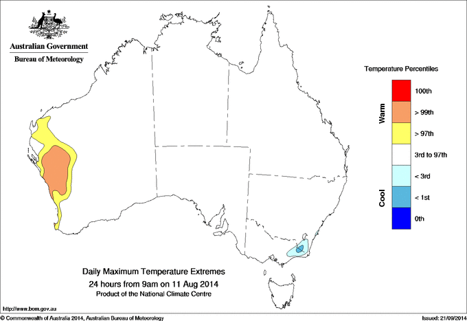 Australian daily maximum temperature extreme area maps